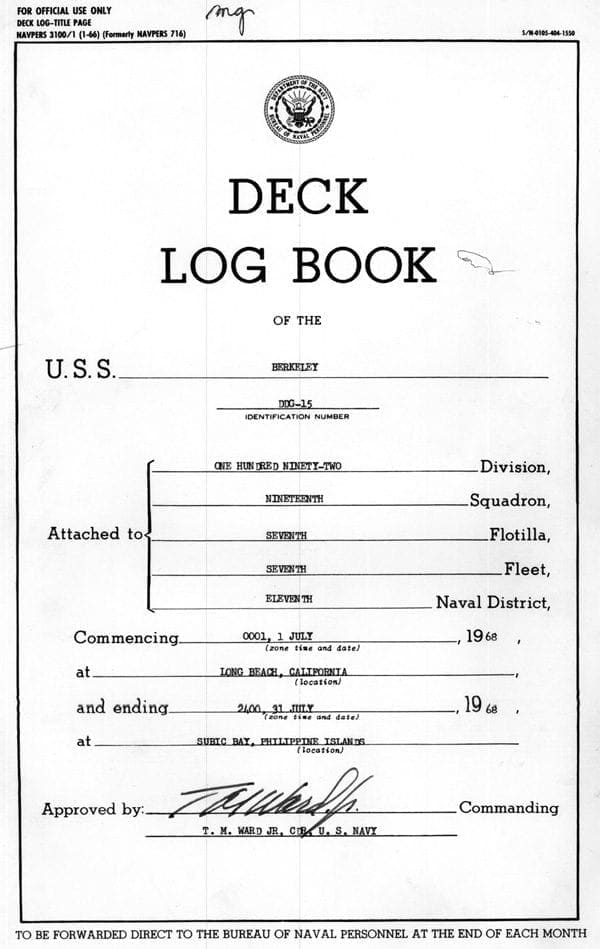 The deck log book of the us navy.