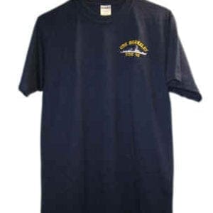 A navy Youth Berkeley "T" Shirt with a yellow logo on it.